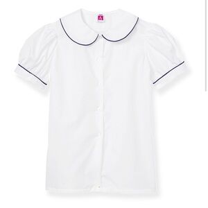A+ White Peter Pan School Uniform Blouse Navy Blue Piping Short Sleeve Sz YM
